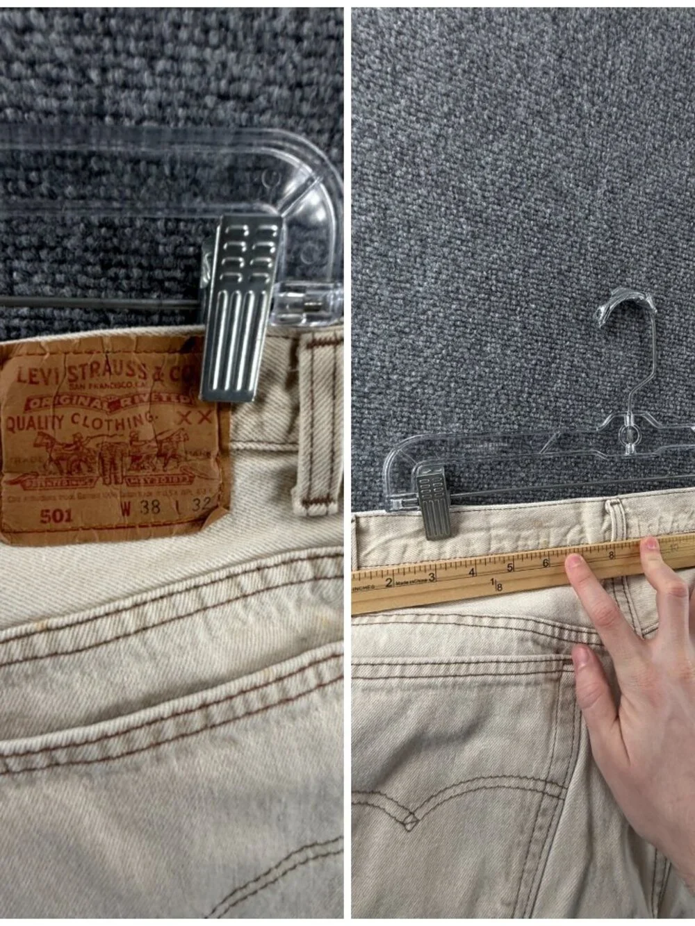 VTG Levi’s 501 Denim Jeans Beige Red Tab USA Made 1992 Button Fly ACTL 34X31